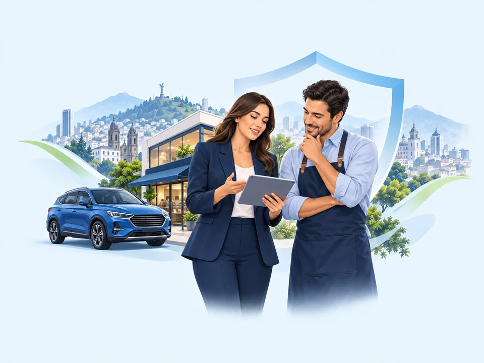 Asesoría de seguros para personas y empresas, con vehículo y ciudad al fondo